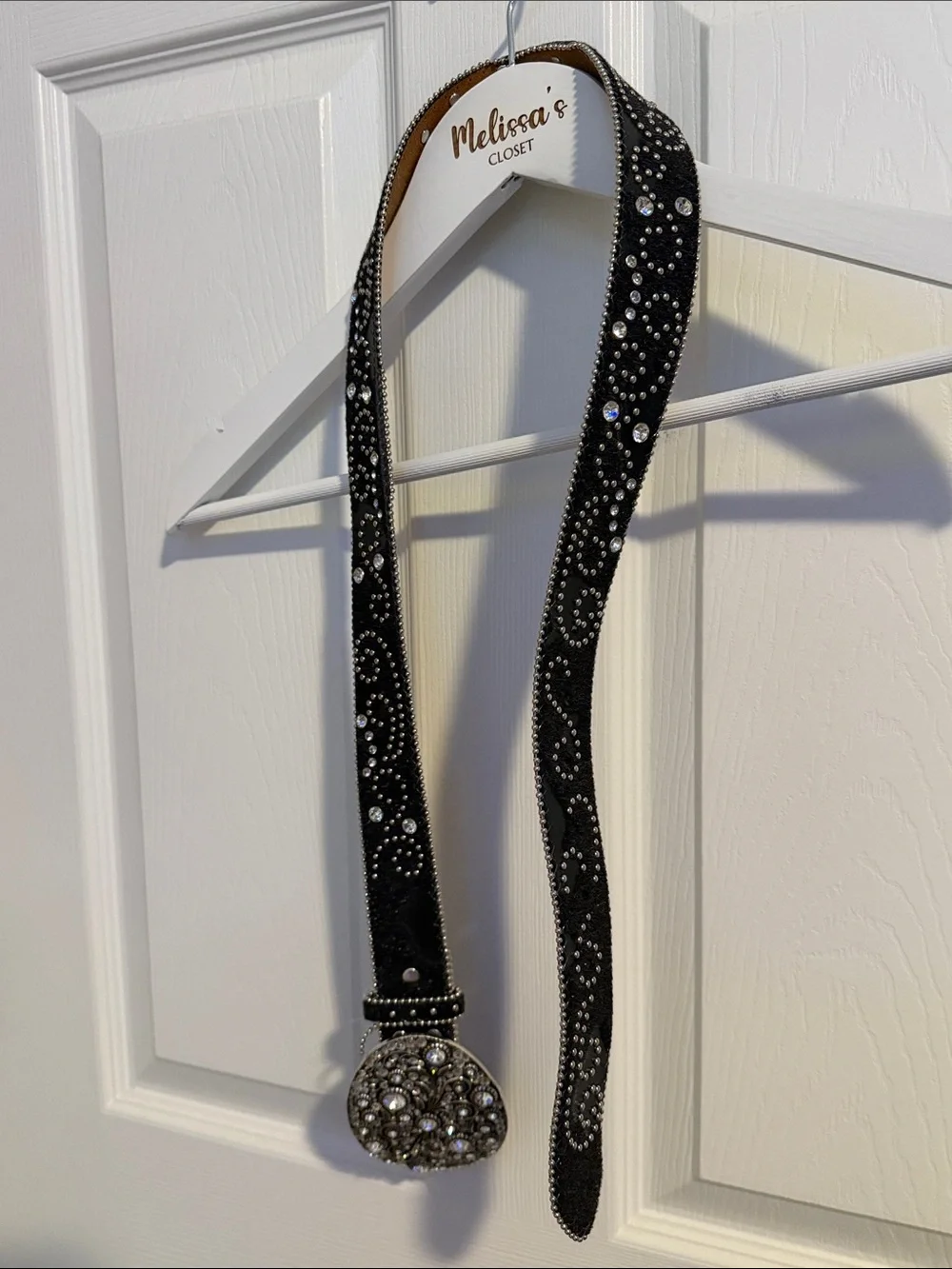 Nocona Western Black Leather Rhinestone Studded Belt M Ornate Crystal Buckle